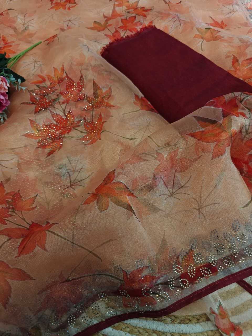 Soft Bright Organza Saree with Floral Print & Swarovski Work