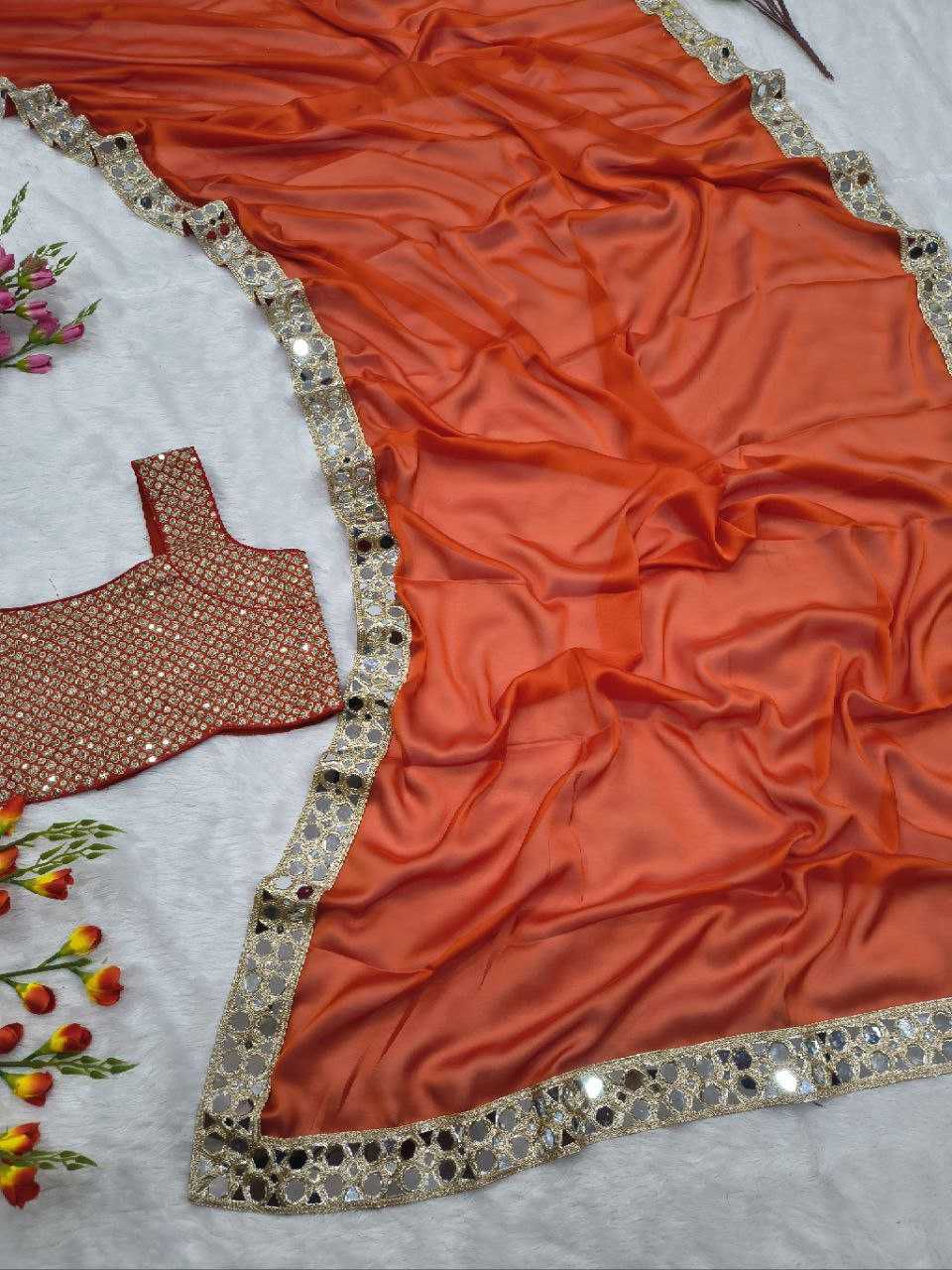 Premium Rangoli Silk Saree with Heavy Real Mirror Work Lace Border and Embroidered Blouse
