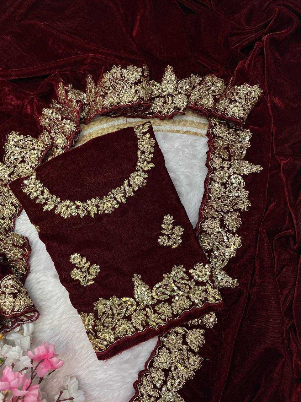 Designer 9000 Velvet Saree with Sequins, Embroidery Zari C-Pallu and Cutwork Border