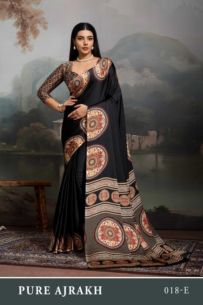 Modal Satin Ajrakh Print Saree with Matching Blouse