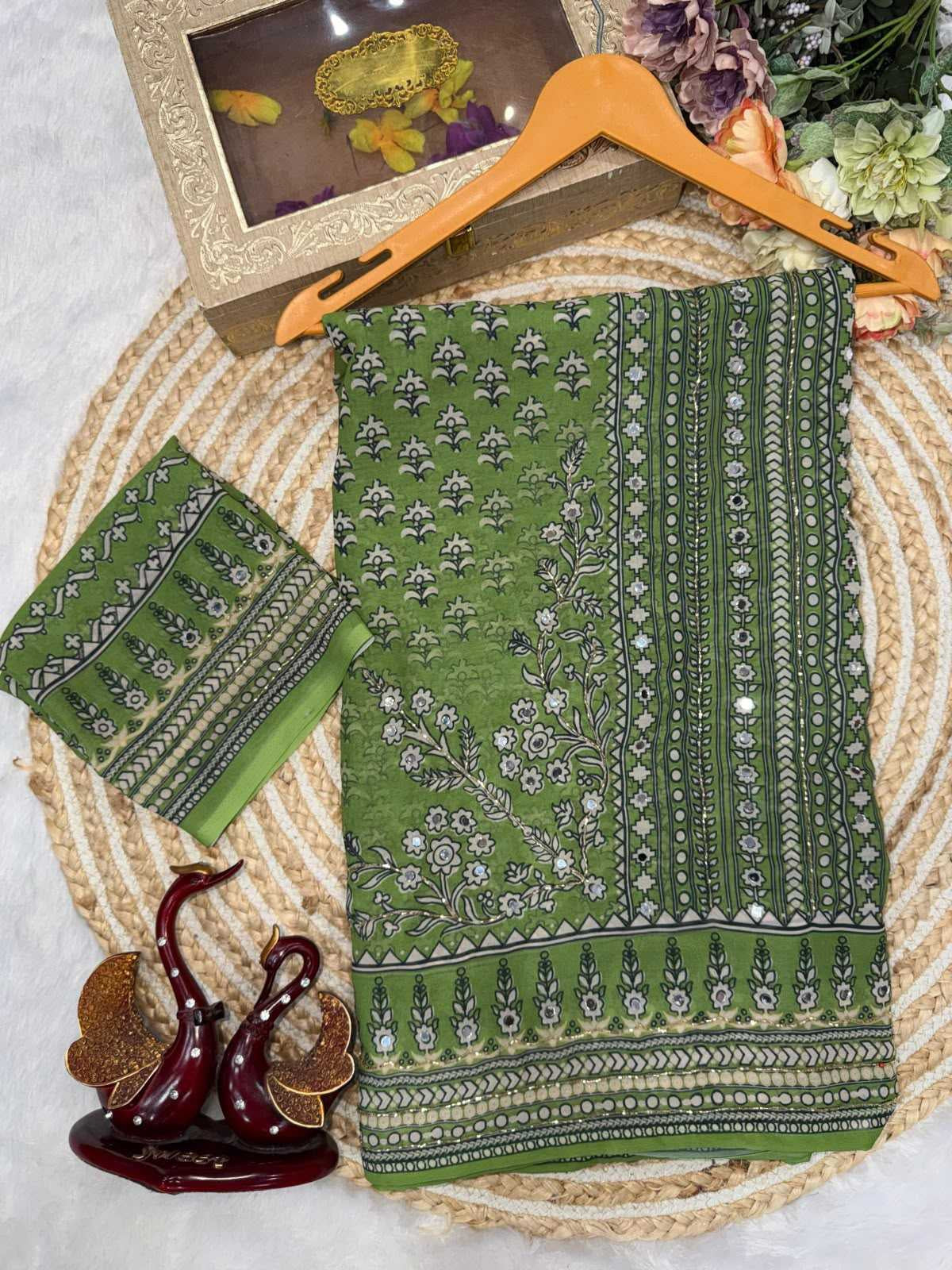 Premium Heavy Soft Georgette Saree with Digital Print, Katdana & Real Mirror Work