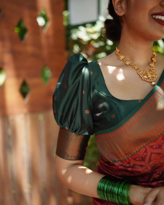 PURE BANARASI Silk Saree, Exuding Regal Charm With Its Rich Pallu And Intricate Brocade Blouse