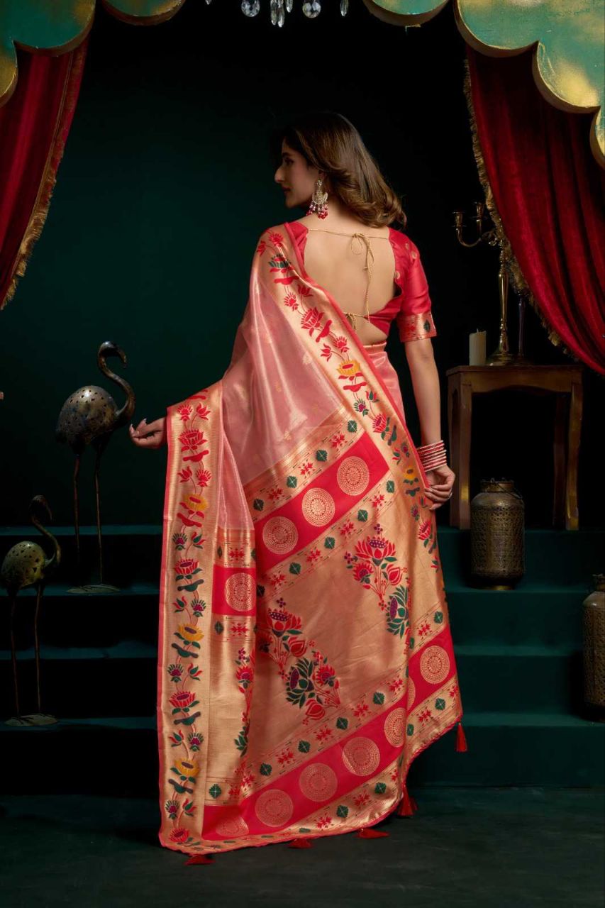 Heavy Tissue Paithani Saree with Lotus Zari Border & Stylish Pompom Detailing