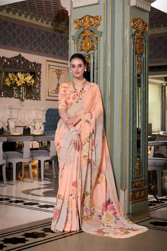 Georgette Printed Saree with Pearl Lace Border & Matching Blouse