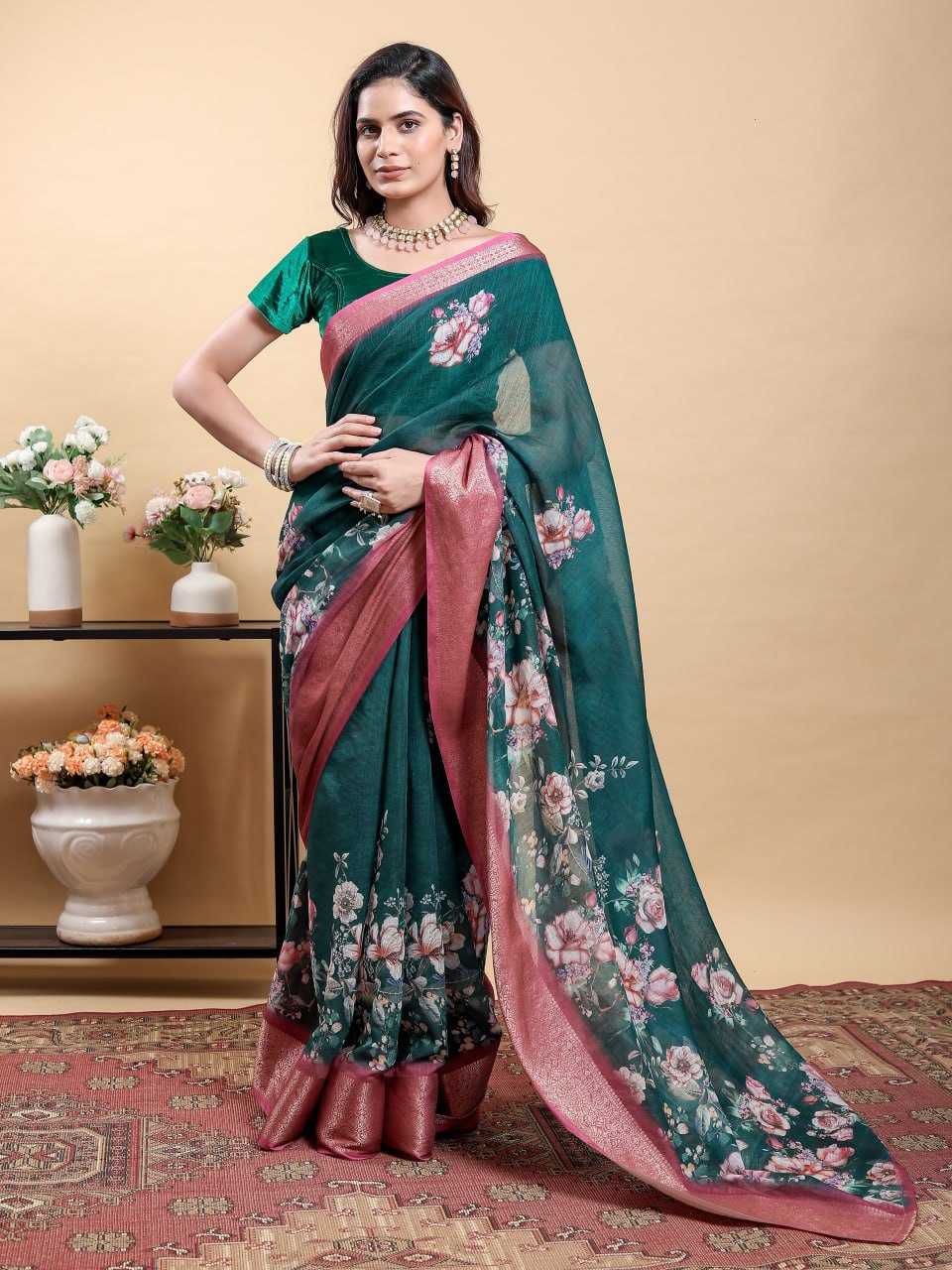 Jacquard Patta Linen Cotton Saree with Large Floral Digital Print & Contrast Zari Border
