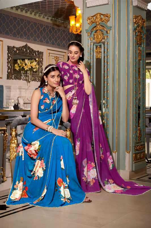 Georgette Printed Saree with Pearl Lace Border & Matching Blouse