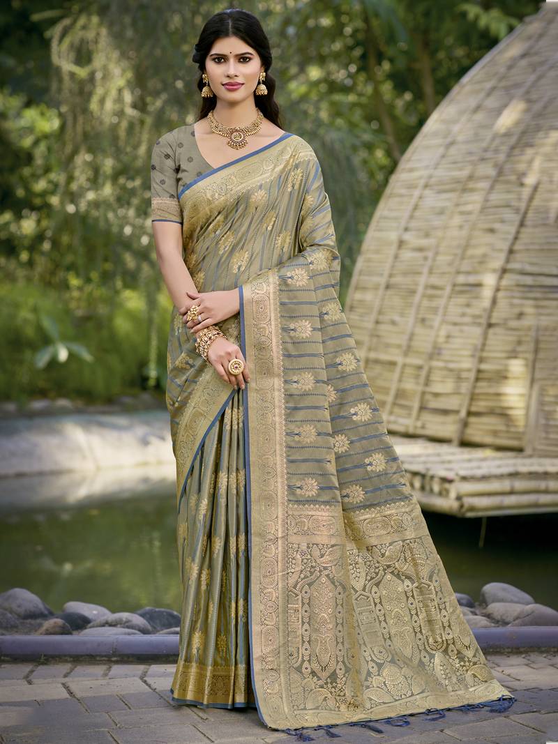 Sangam Prints Jungle Green Silk Woven Work Festival Saree