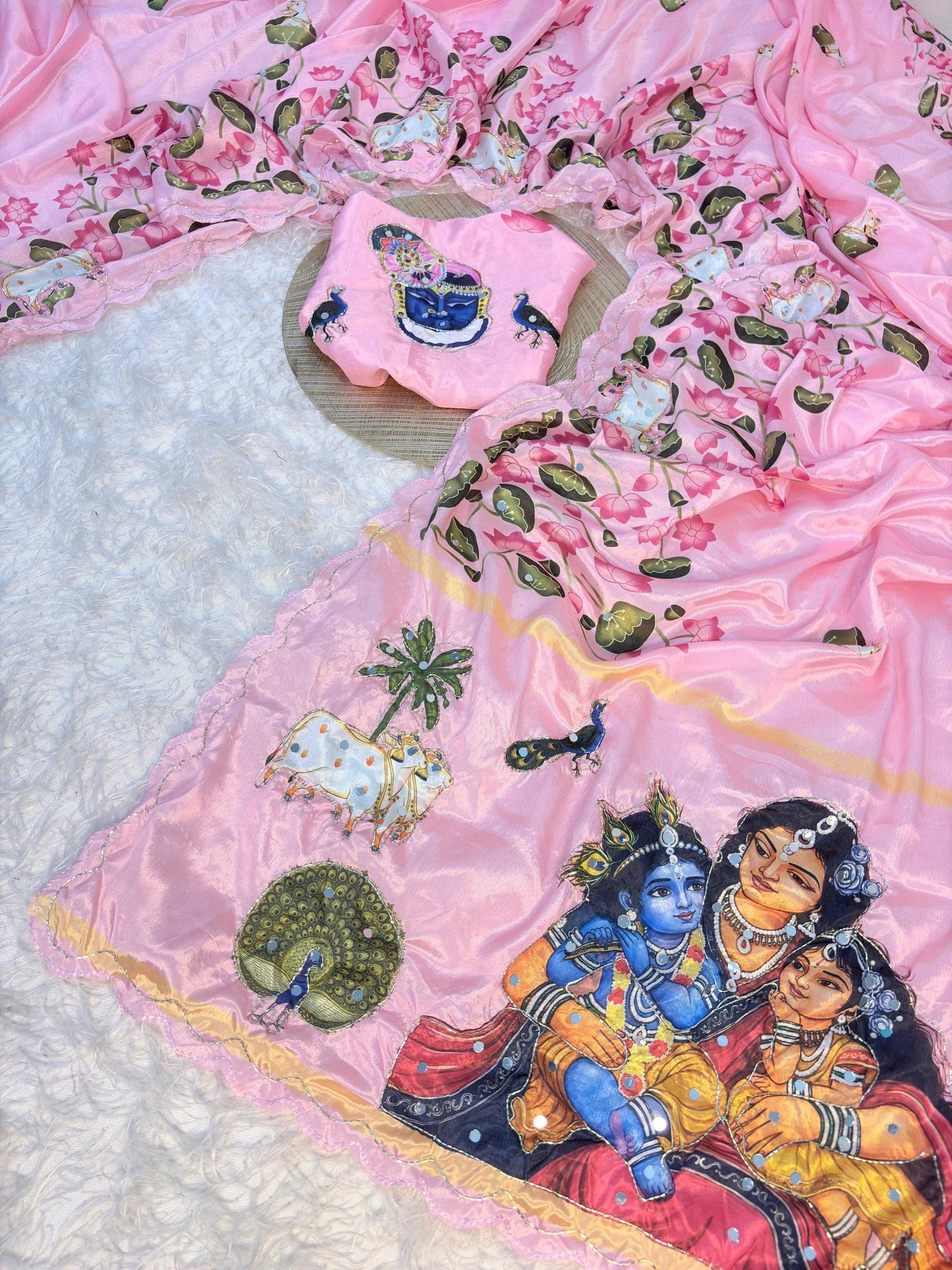 Soft Silk Saree with Shrinathjee Matching Print & Heavy Mirror Work Blouse