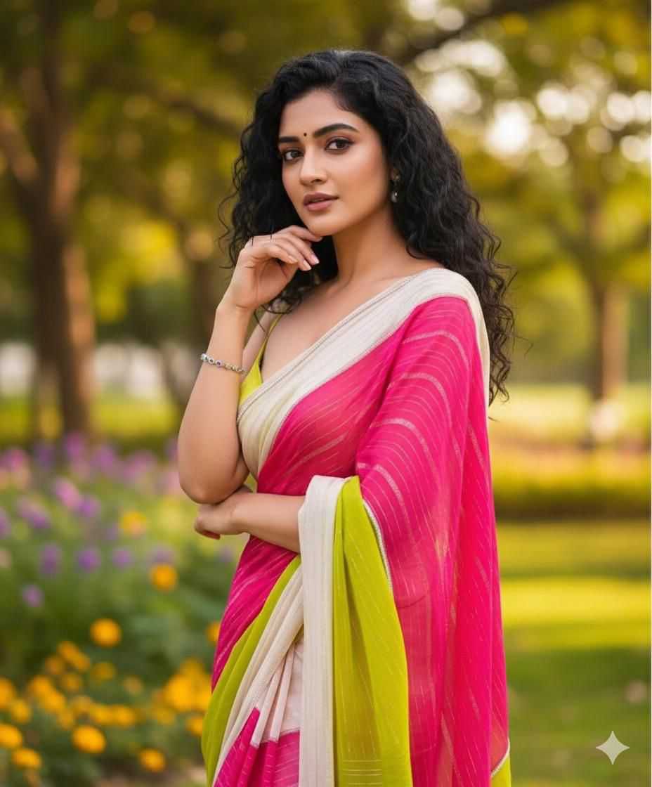 Pushpa Designer Blooming Georgette Saree with Zari Weave Stripes and Satin Border