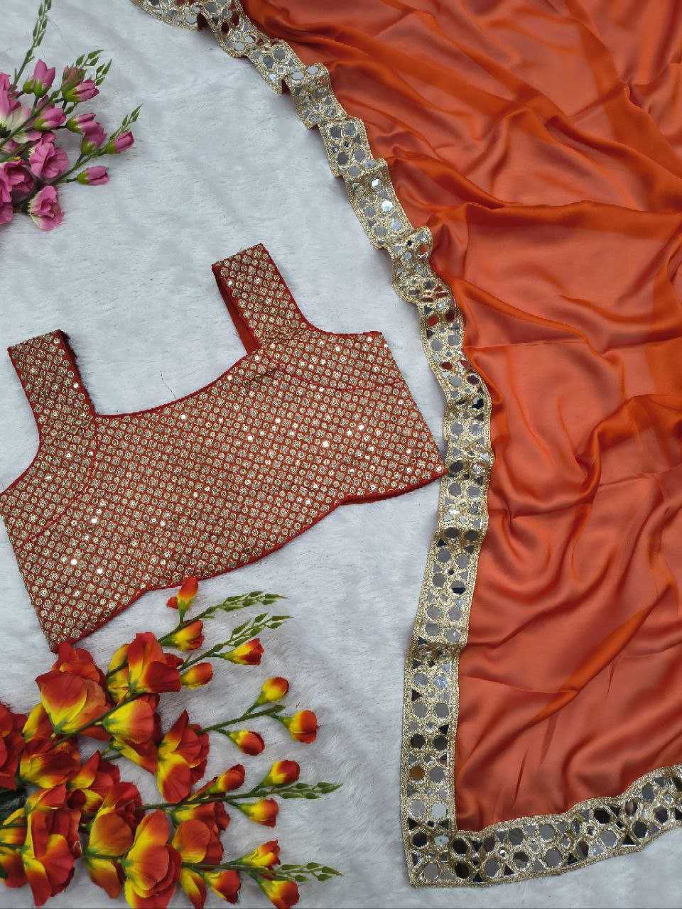 Premium Rangoli Silk Saree with Heavy Real Mirror Work Lace Border and Embroidered Blouse