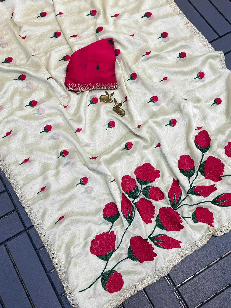 Rangoli Silk Saree with All-Over Embroidery, Mirror Work & Cutwork Border