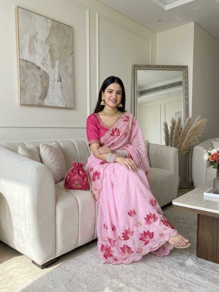 Georgette Digital Print Saree with Handwork Khatli & Cutdana Border