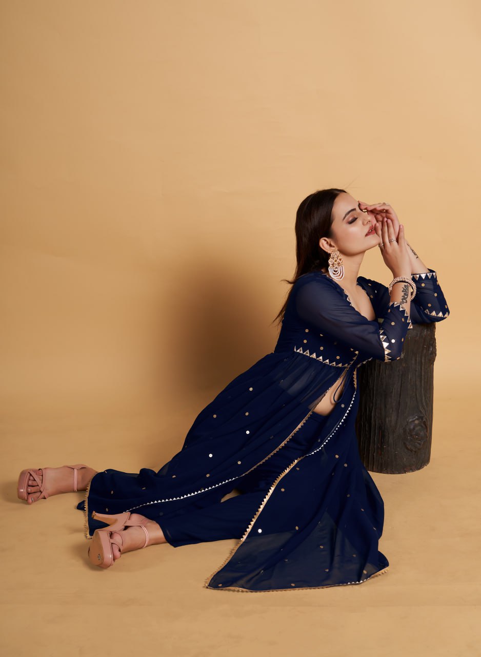 Blue Hand Embroidered Kurta & Palazzo With Dupatta