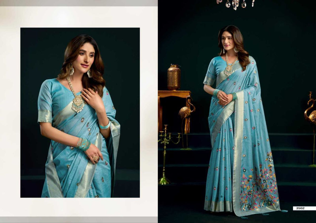Heavy Munga Cotton Saree with Mina Work, Jari Border & Fancy Pompom Finish