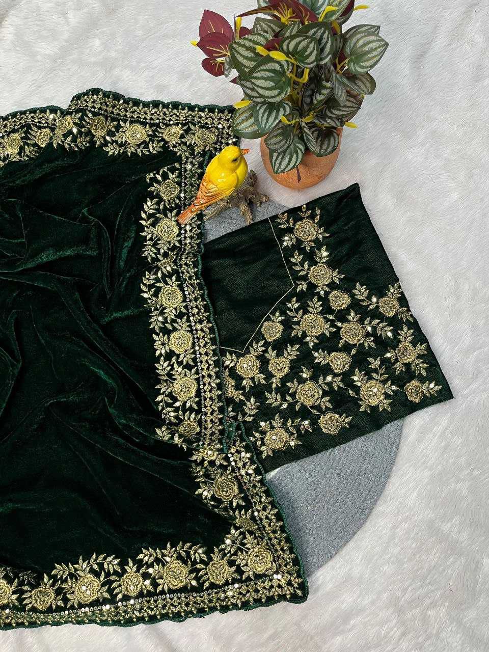 Designer Viscose Velvet Saree with Sequins and Jari Dori Embroidery