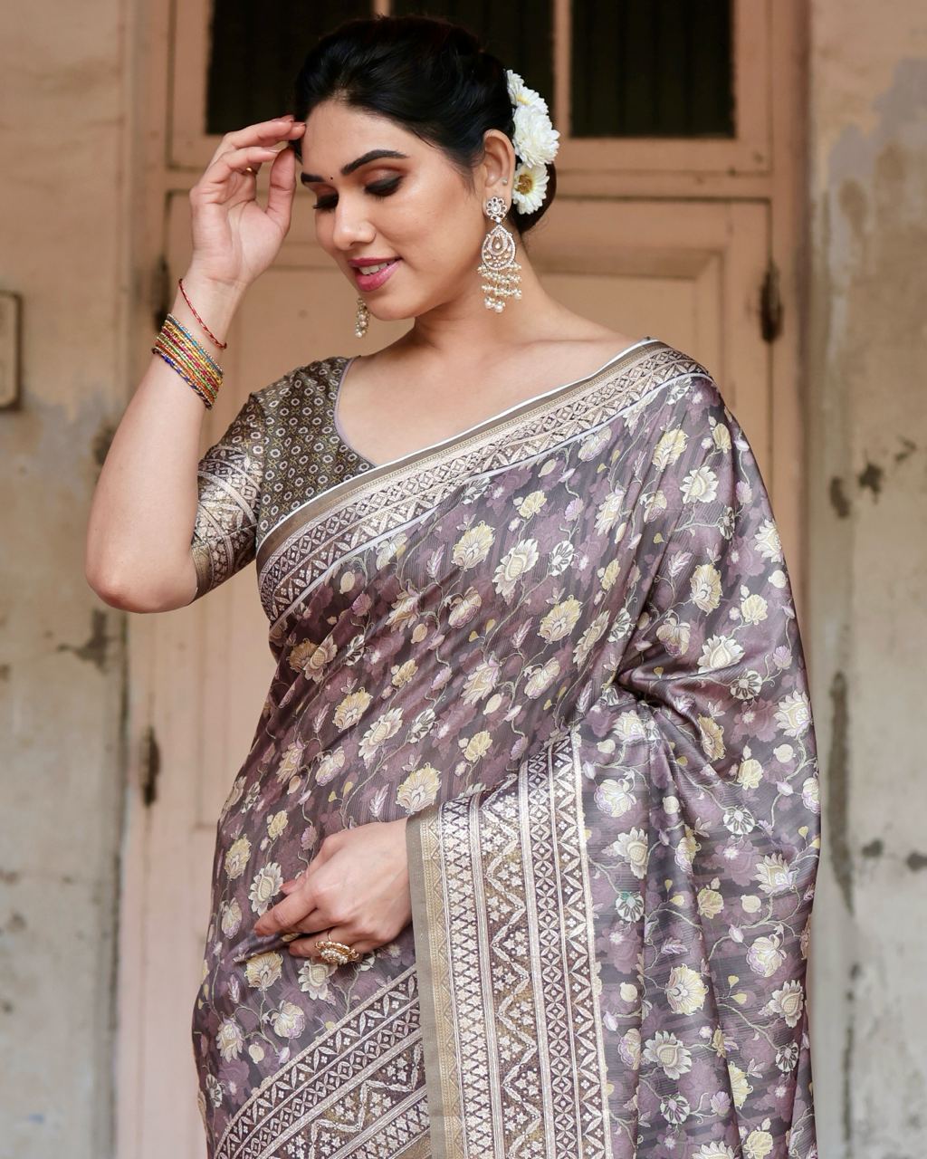 Mauve Taupe Pure Silk Digital Printed Saree