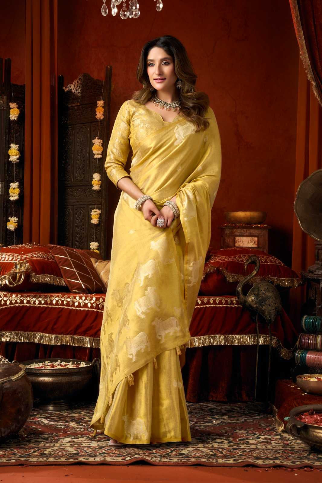 Heavy Tissue Saree with All-Over Cow Butta, Jacquard Weaving & Fancy Tassels