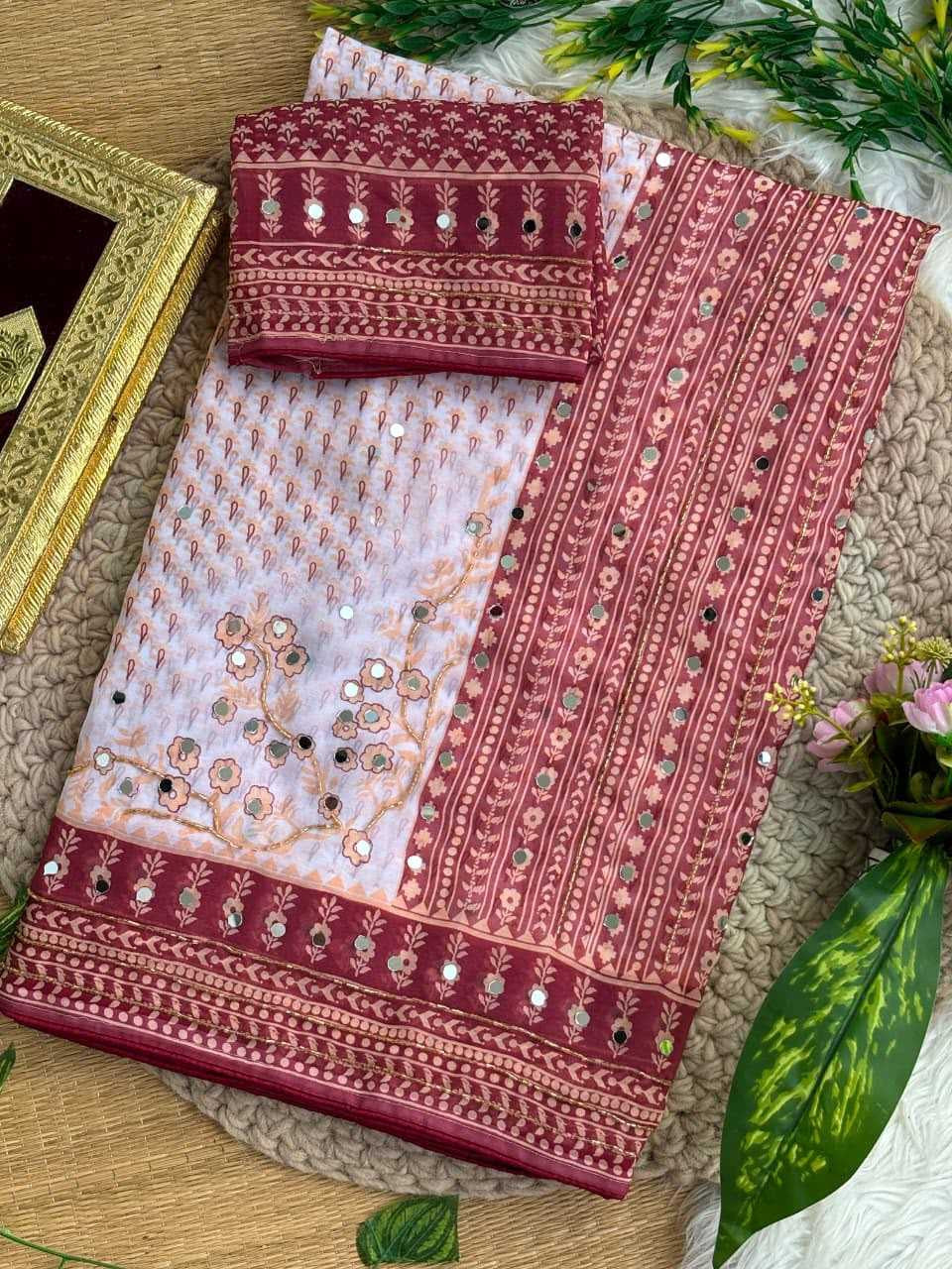 Premium Heavy Soft Georgette Saree with Digital Print, Katdana & Real Mirror Work