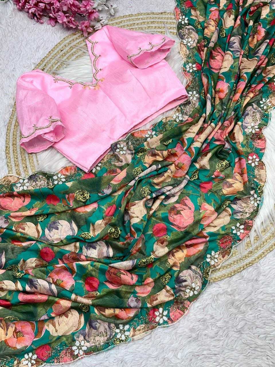 Designer Soft Chinon Saree with Digital Print and Handwork C-Pallu