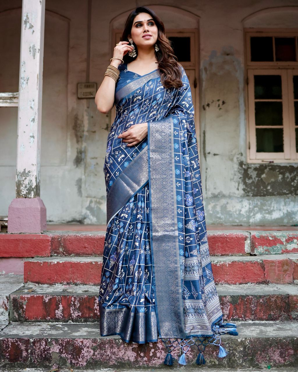 Navy Blue Color Pure Silk Digital Printed Party Wear Saree
