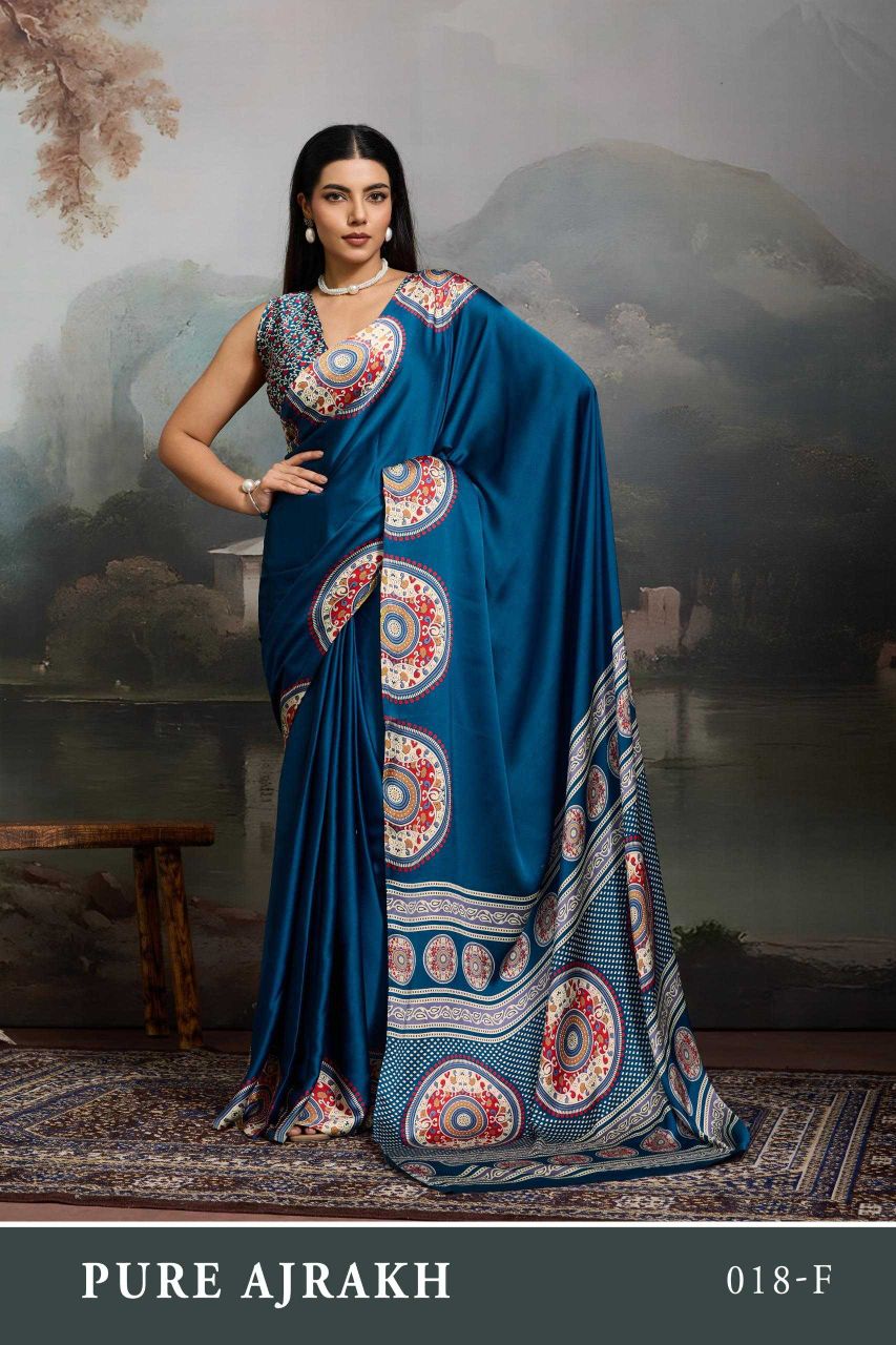 Modal Satin Ajrakh Print Saree with Matching Blouse
