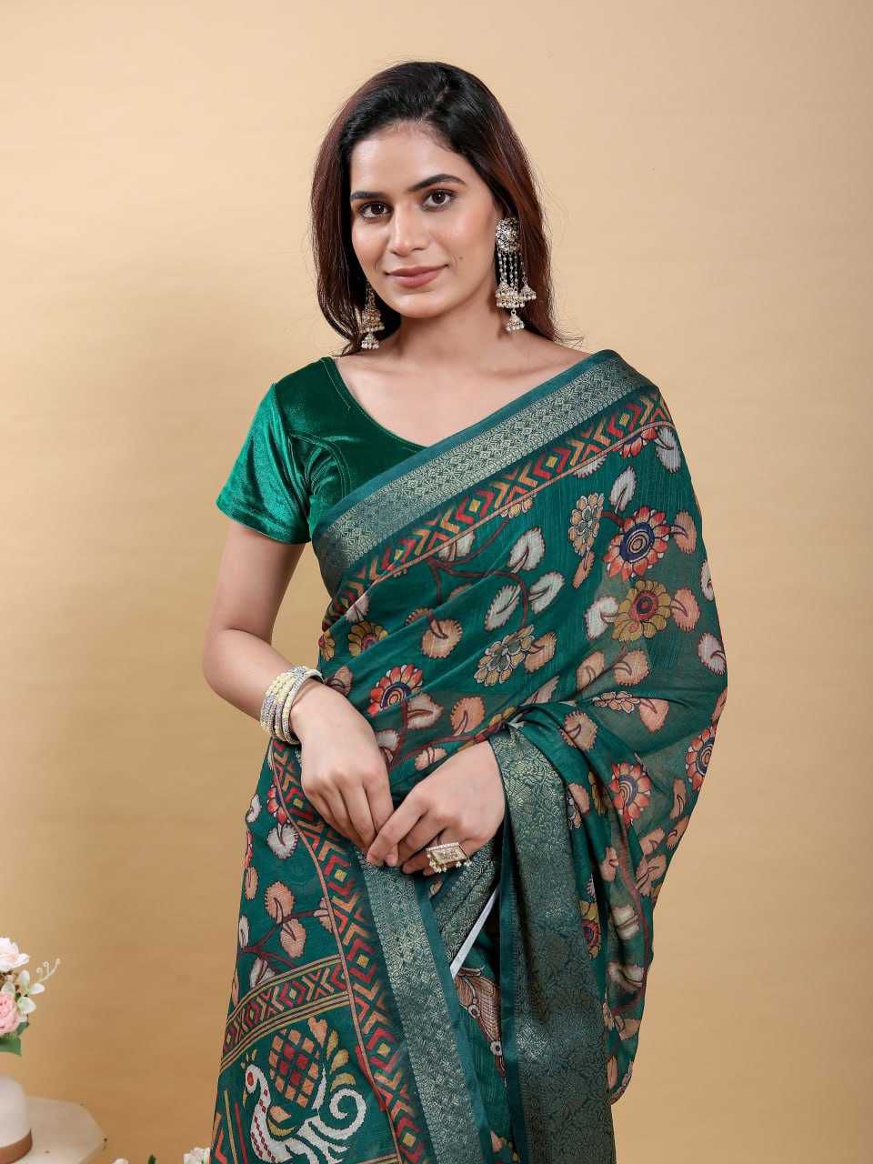 Jacquard Patta Linen Cotton Saree with Floral & Geometric Digital Print and Patola-Inspired Pallu