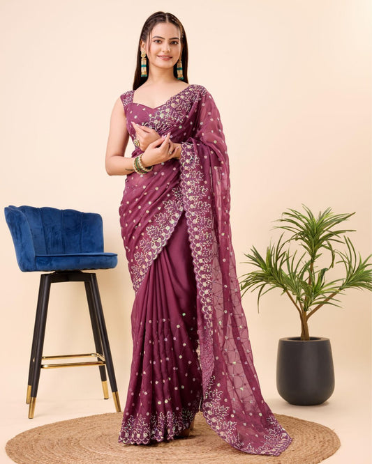 Beautiful Saree for wedding on premium Soft Taby Silk Organza fabric with C-pallu All Over Embroidery Work