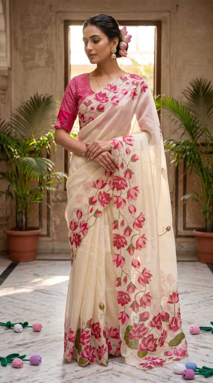 Premium Tabby Silk Saree with Floral Print, Beads & Katdana Handwork