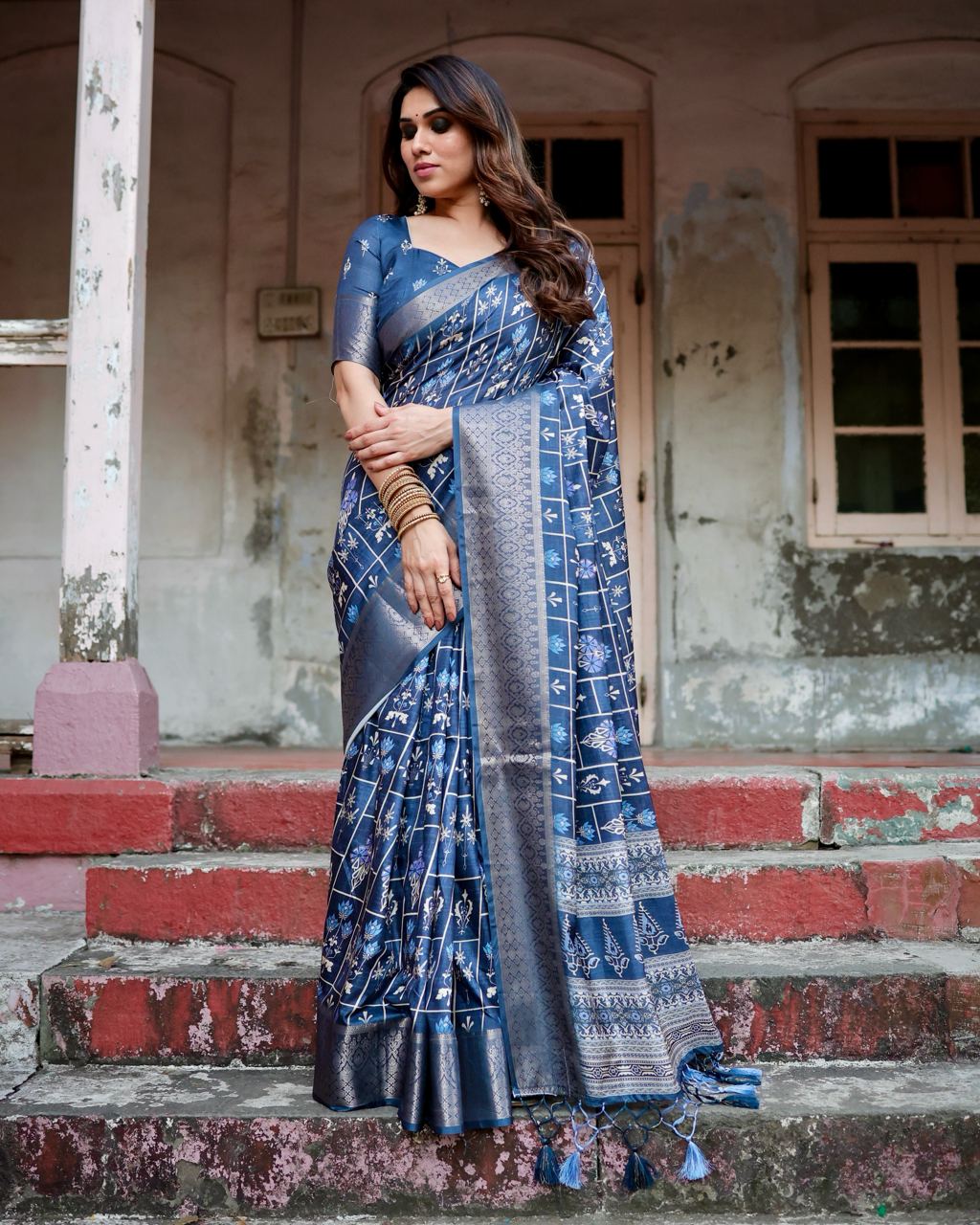 Navy Blue Color Pure Silk Digital Printed Party Wear Saree