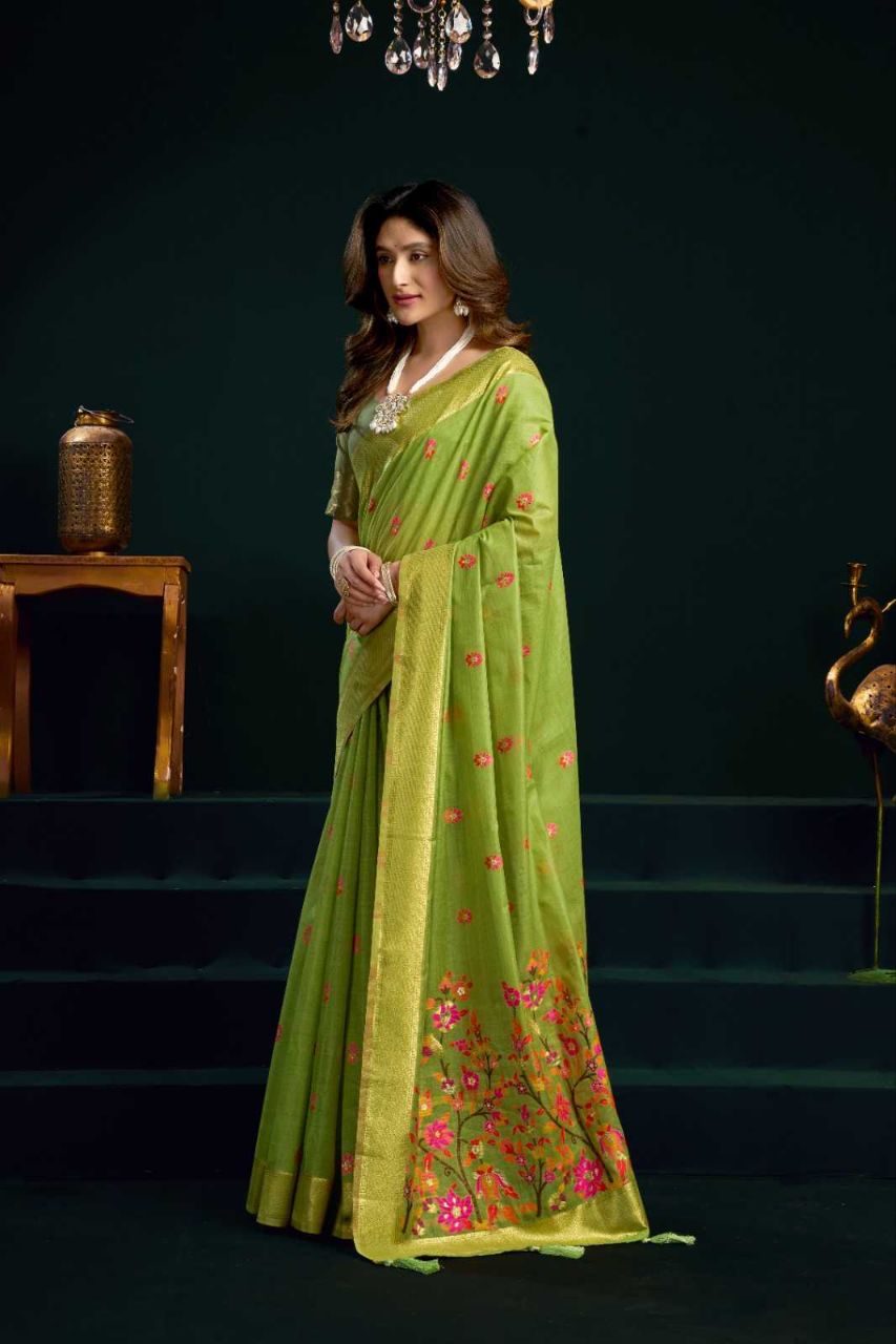 Heavy Munga Cotton Saree with Mina Work, Jari Border & Fancy Pompom Finish