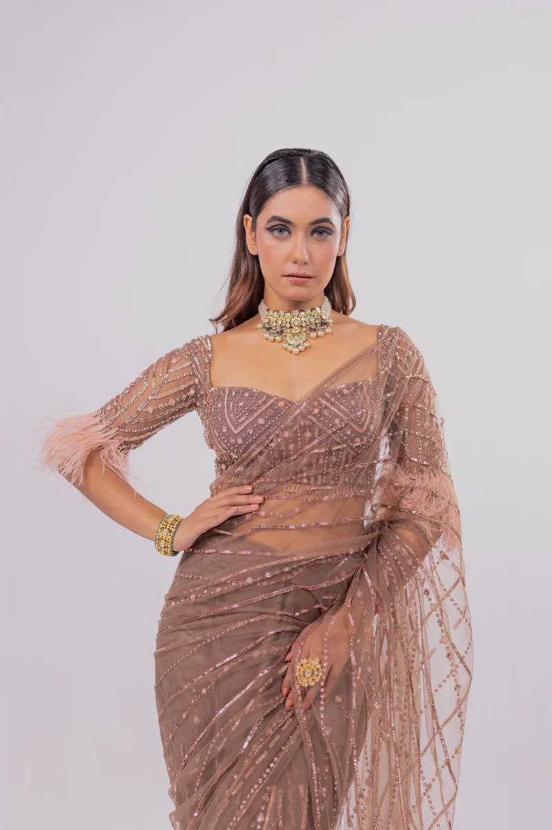 Hand Embroidered Saree with Feathers