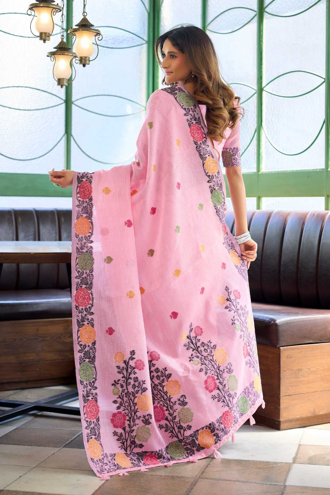 Heavy Linen Jacquard Handloom Saree with Fancy Tassels