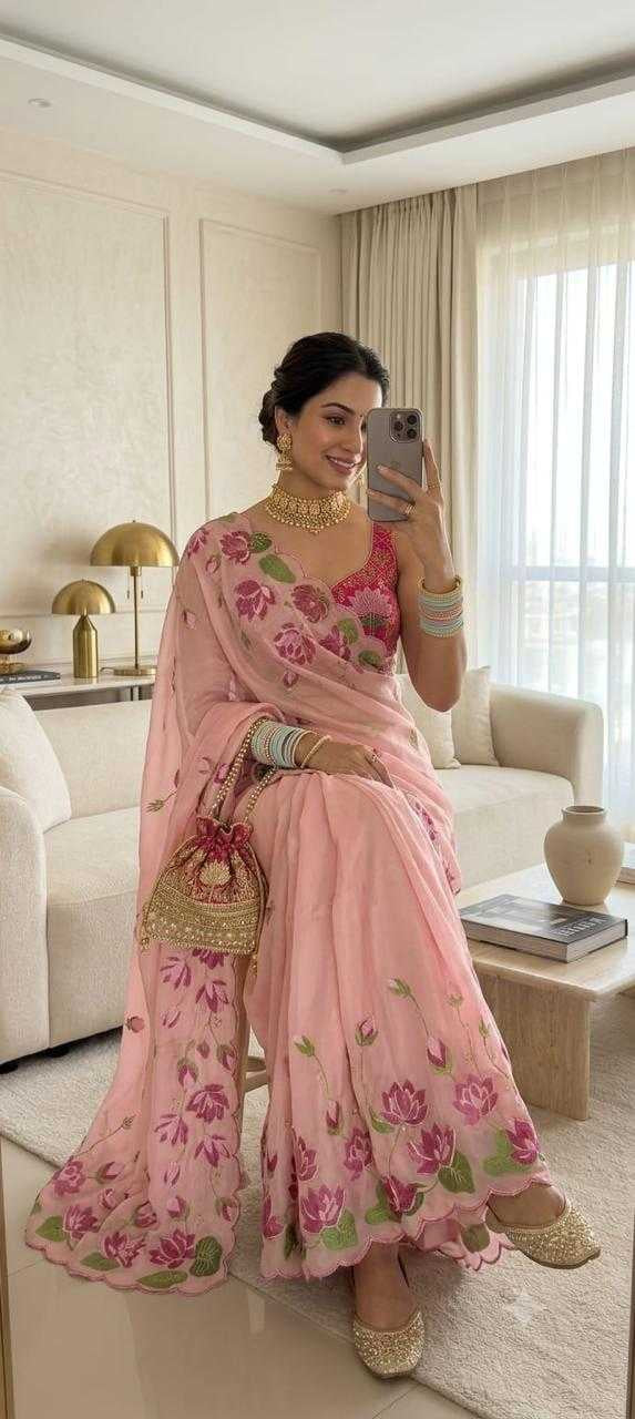 Georgette Digital Print Saree with Handwork Khatli & Cutdana Border