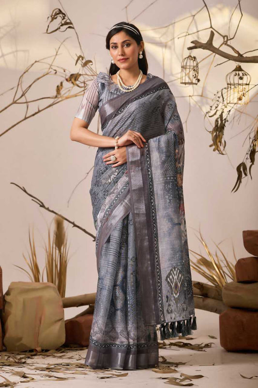 Premium Linen Cotton Saree with Digital Floral & Ethnic Print and Patola Style Border
