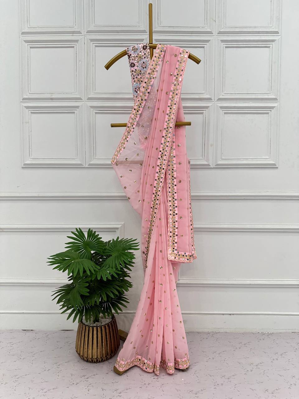 Khushi kapoor pink georgette sequence mirror work designer bollywood saree