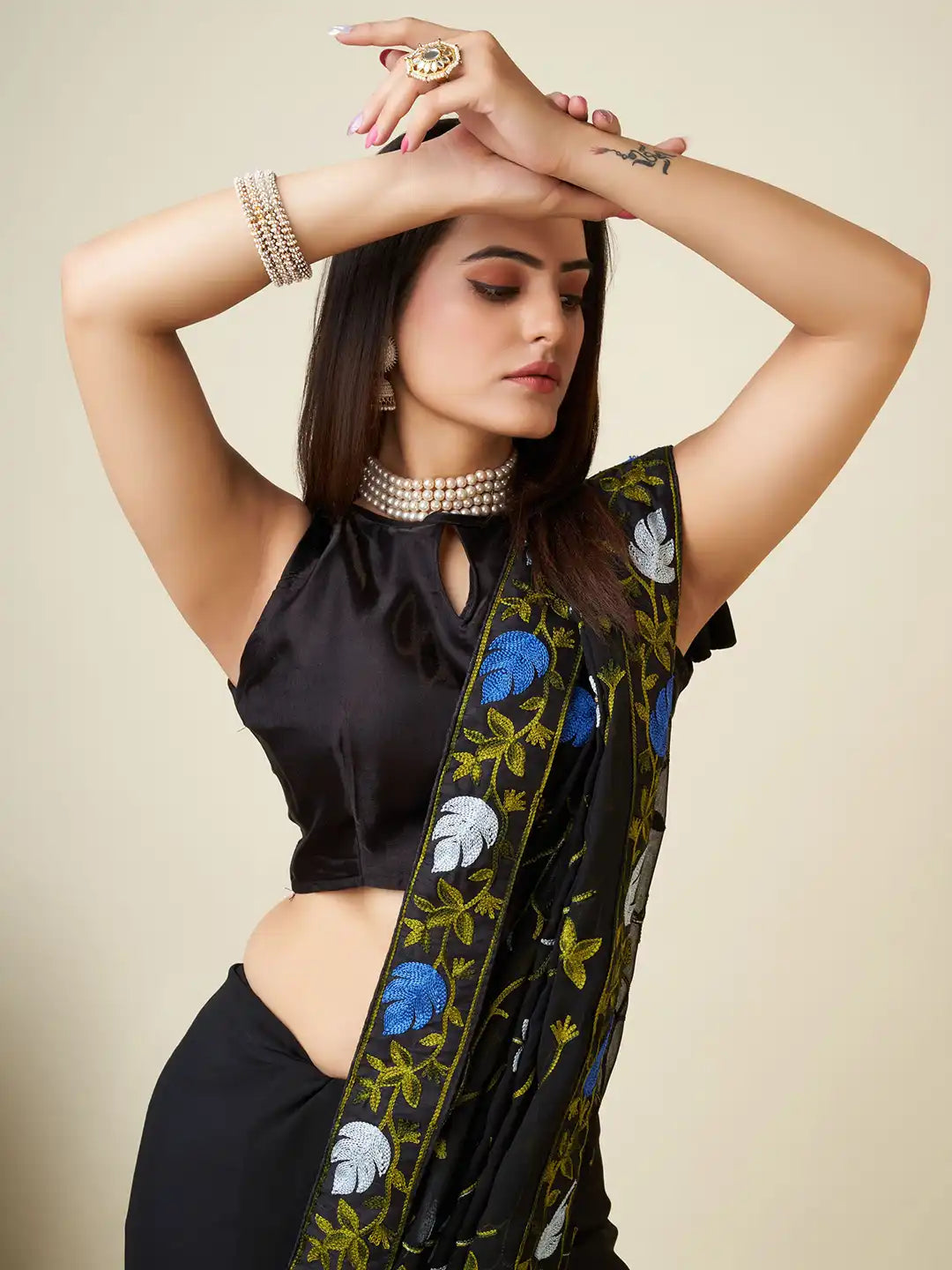 Premium Faux Georgette Saree with Kashmiri Work & Piping Border