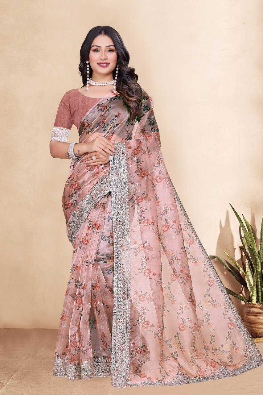 Tissue Organza Saree with Digital Floral Print & Embroidery Work