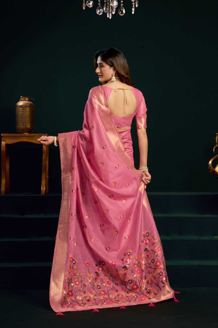 Heavy Munga Cotton Saree with Mina Work, Jari Border & Fancy Pompom Finish