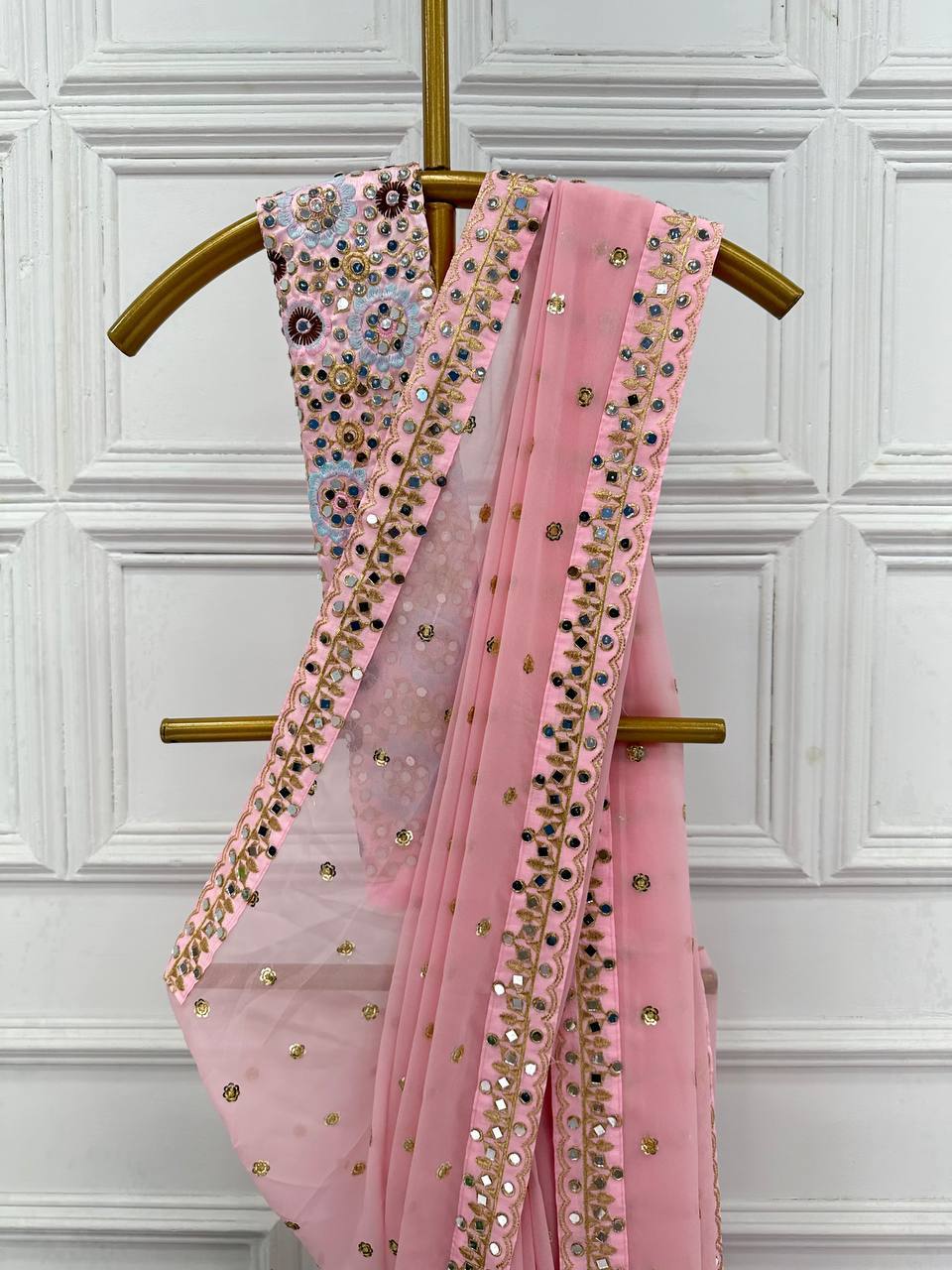 Khushi kapoor pink georgette sequence mirror work designer bollywood saree