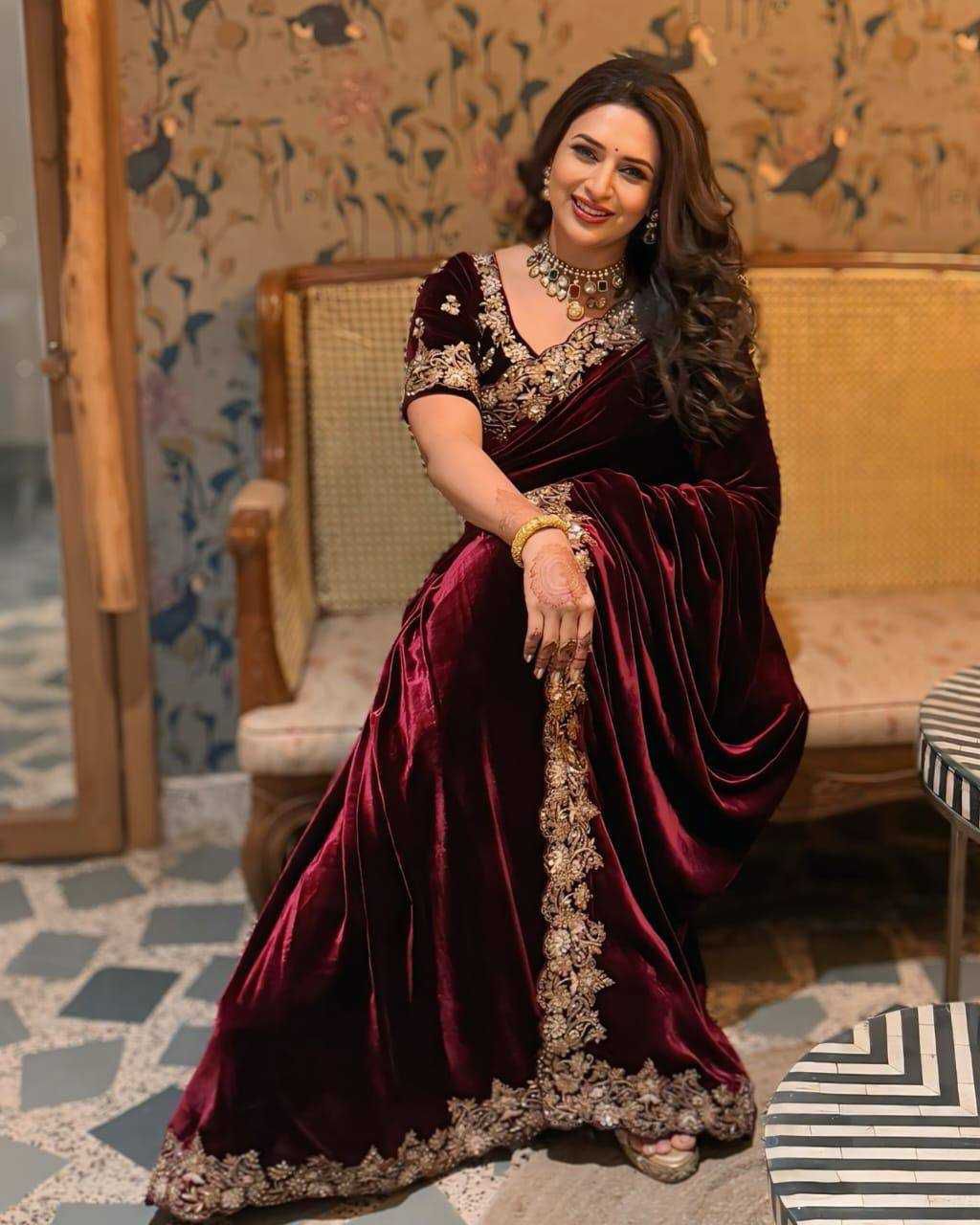 Designer 9000 Velvet Saree with Sequins, Embroidery Zari C-Pallu and Cutwork Border