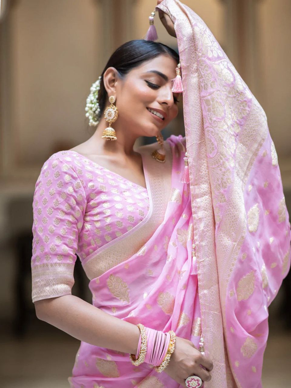 Baby Pink Banarasi Khaddi Weaved Georgette Saree