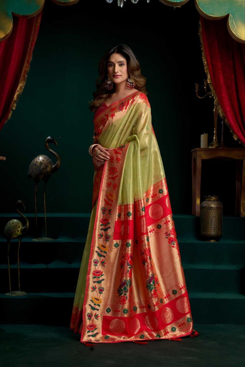 Heavy Tissue Paithani Saree with Lotus Zari Border & Stylish Pompom Detailing