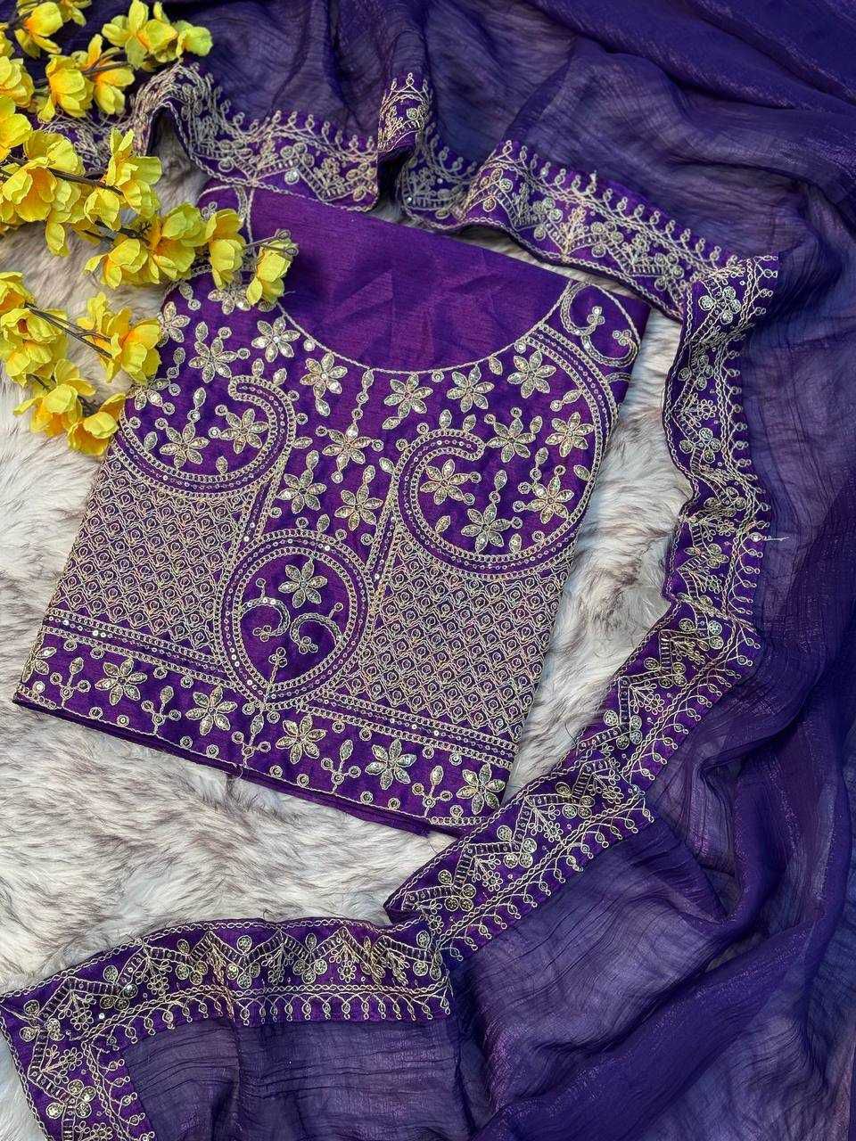 Blooming Tissue Saree with Elegant Sequins Border and Embroidered Banglori Silk Blouse