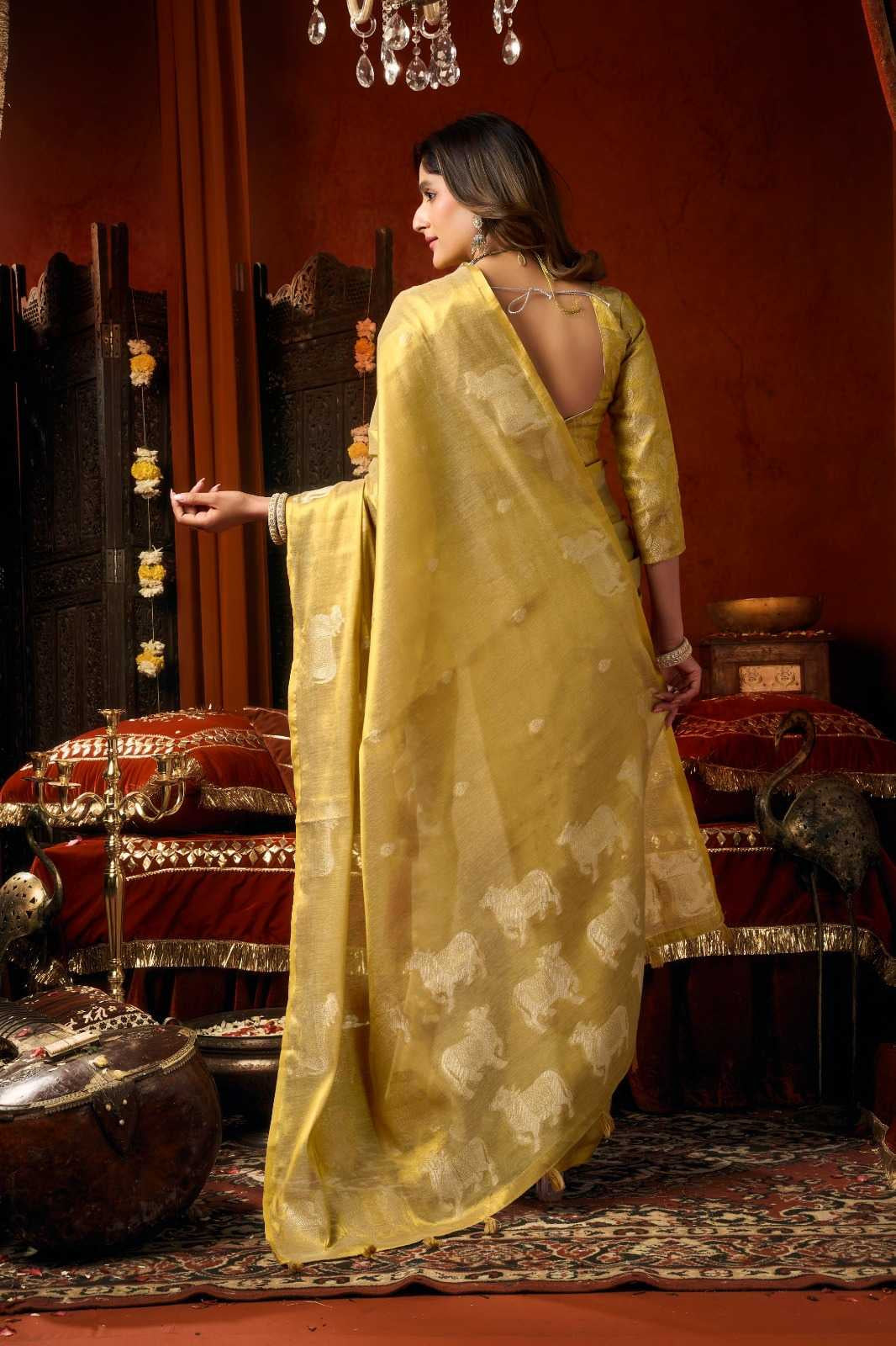 Heavy Tissue Saree with All-Over Cow Butta, Jacquard Weaving & Fancy Tassels