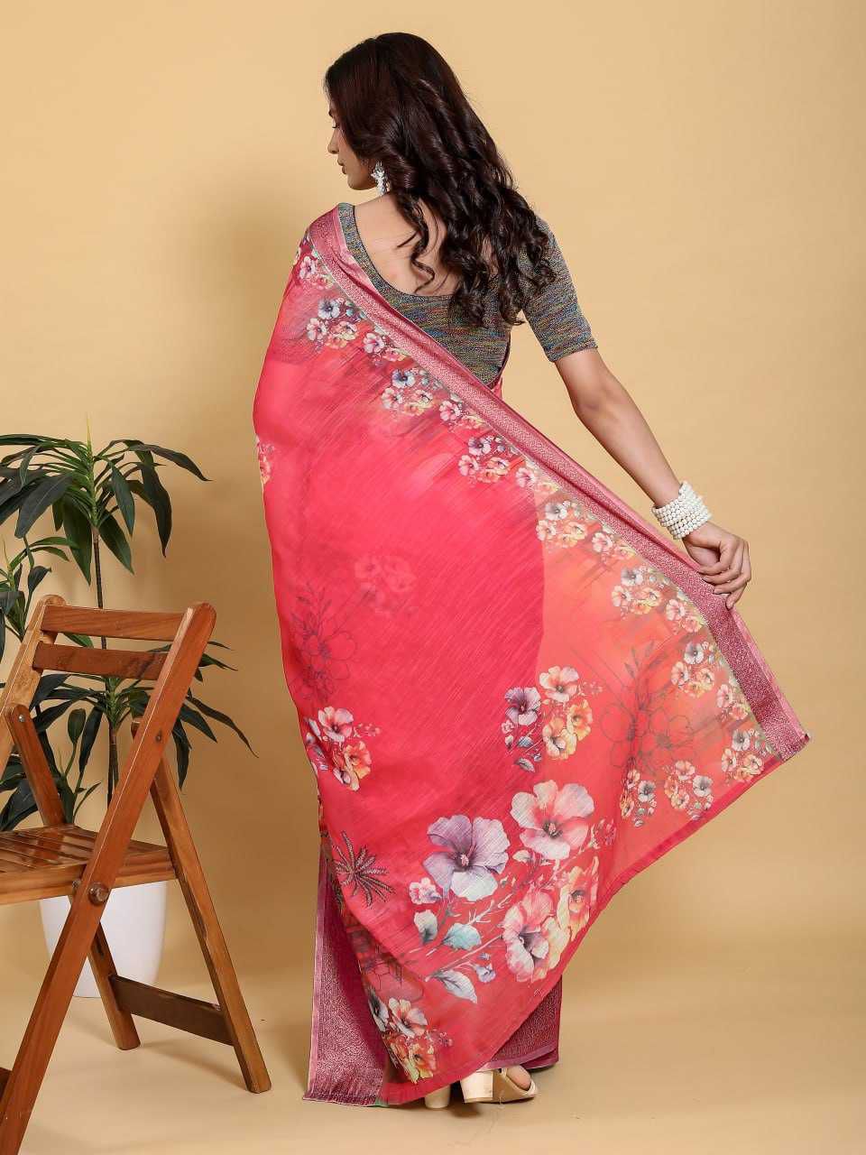 Jacquard Patta Linen Cotton Saree with Large Floral Digital Print & Contrast Sea Green Zari Border