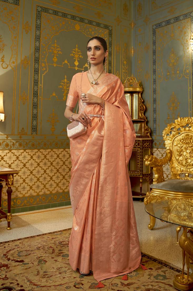 Orange Woven Satin Saree With Blouse