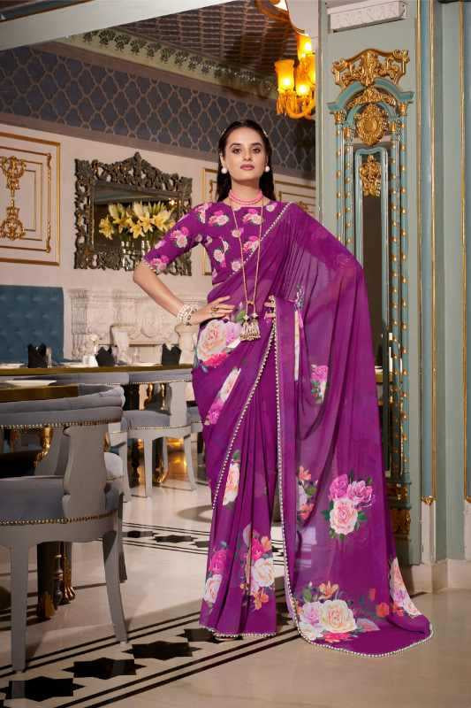 Georgette Printed Saree with Pearl Lace Border & Matching Blouse