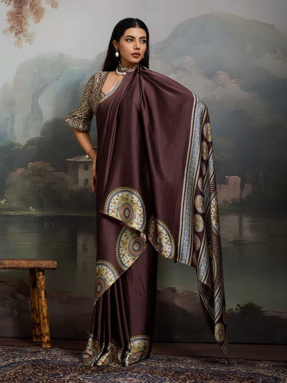 Modal Satin Ajrakh Print Saree with Matching Blouse