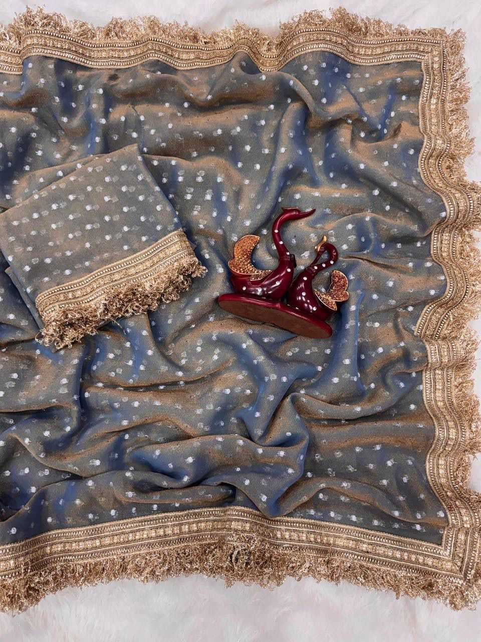 Premium Moss Silk Saree with Jacquard Butti Work & Fancy Lace Border
