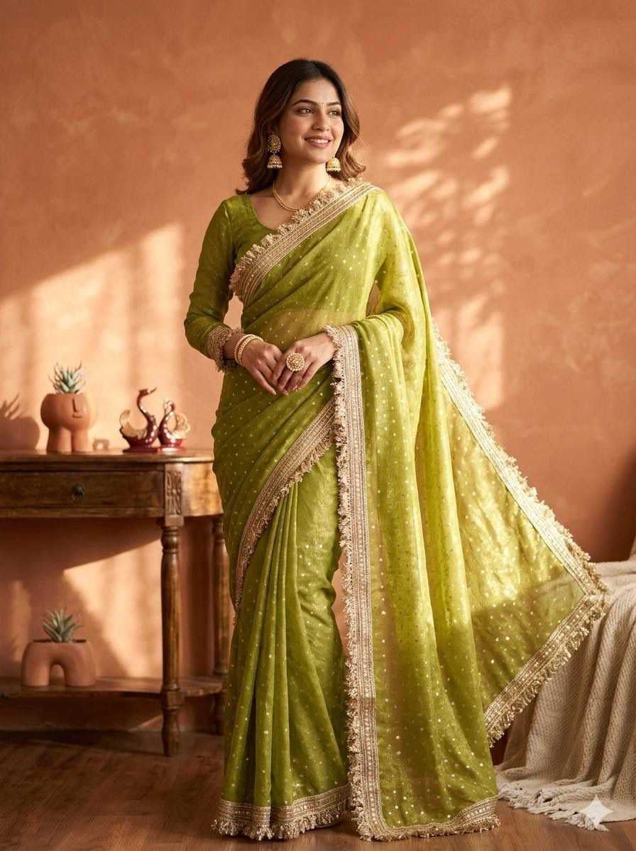 Premium Moss Silk Saree with Jacquard Butti Work & Fancy Lace Border
